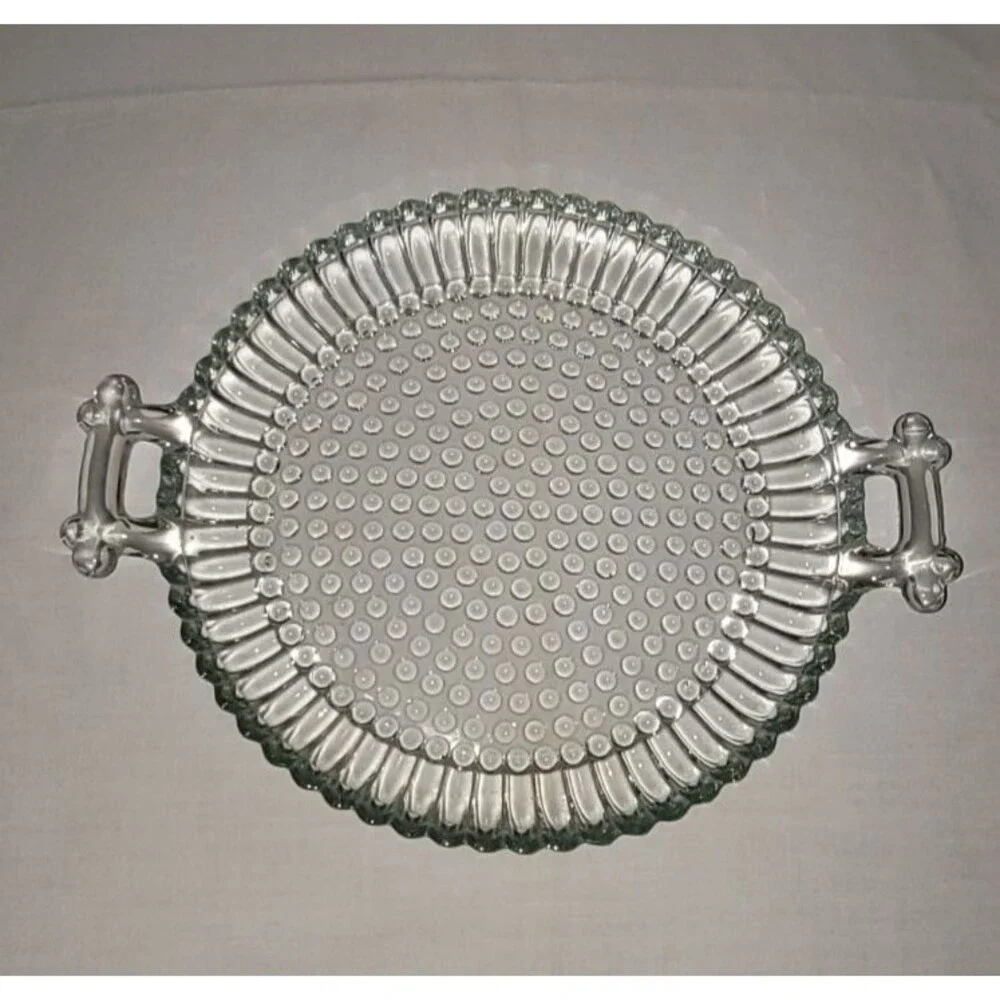 VTG Hobnail Jeannette Glass Clear Round Depression Serving Tray w/Handles 9.5